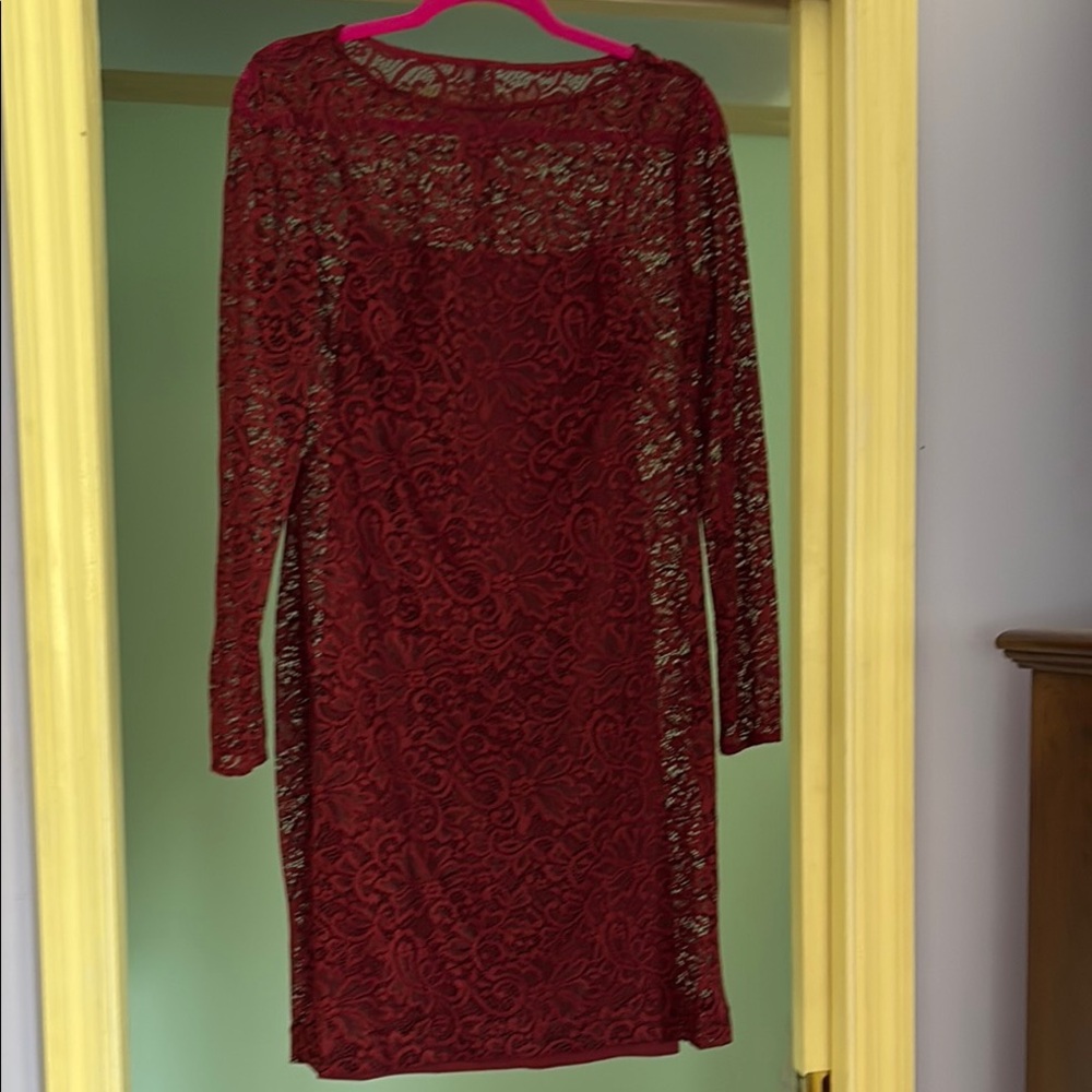 Chaps Burgandy Lace Long Sheath Cocktail Dress